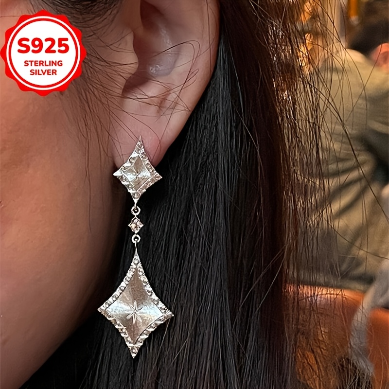 925 Hypoallergenic Retro Brushed Rhombus Pendant Stud Earrings